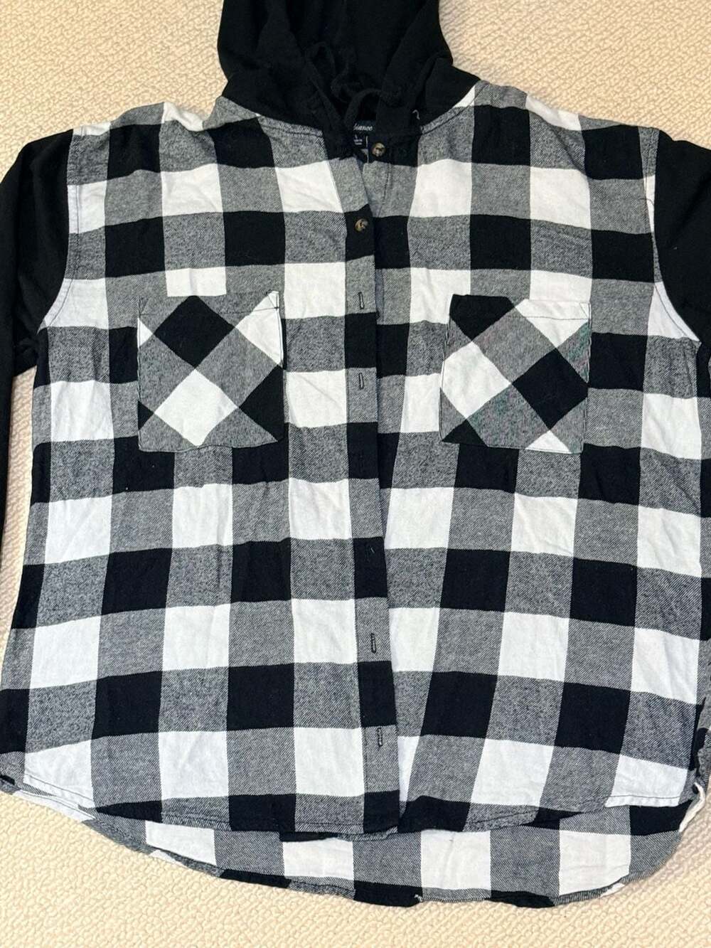 Ambiance Black and White Buffalo Plaid Hooded Flannel Shirt Jacket